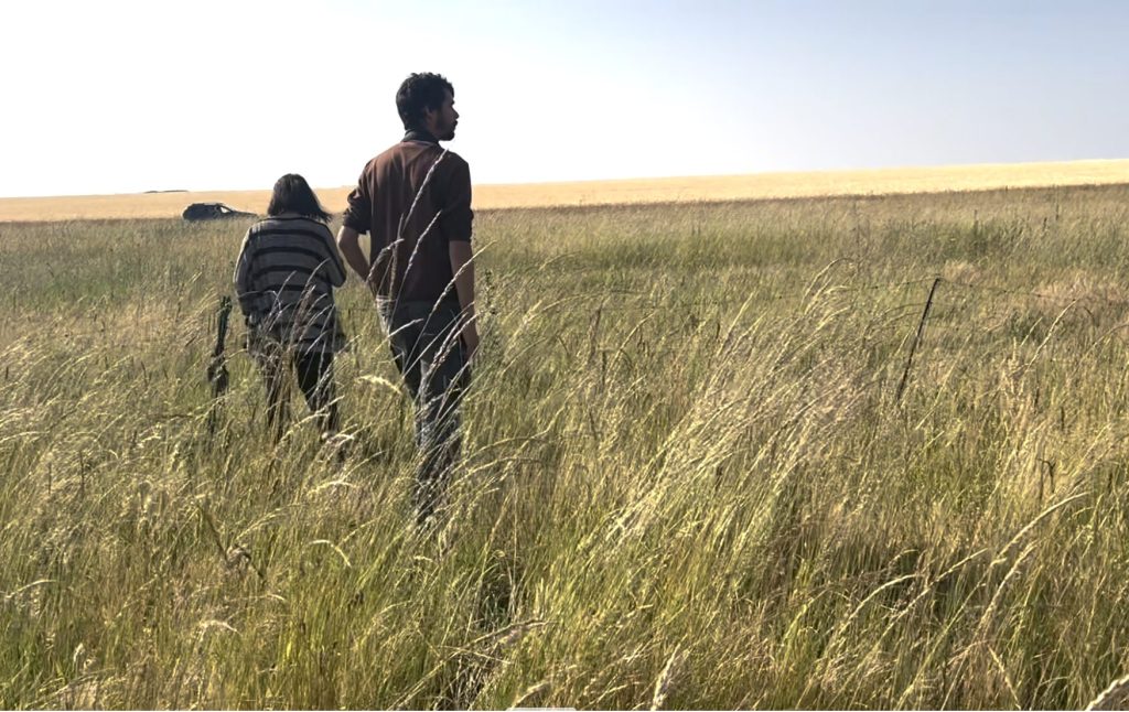 Two people standing in grassland
