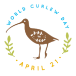 The logo for World Curlew Day, including text: 'World Curlew Day. April 21' and a silhouette of a Curlew, and green leaves