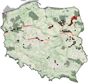 A map of Poland with a series of black dots spread across the country.