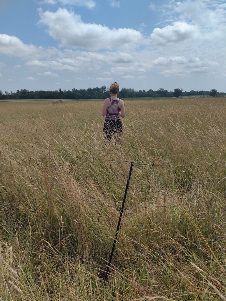 A woman in tall vegetation.