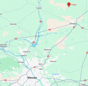 A screenshot from Google Maps, with a red pointer North North-West of Warsaw.