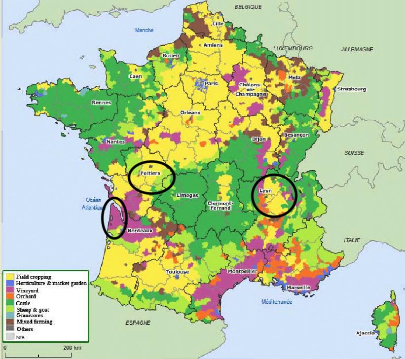 Map of france with various types of farming and the areas visited by curlew action. from a paper on agriculture in france