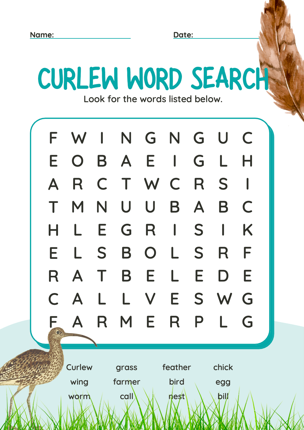 A screenshot of the Curlew Word Search