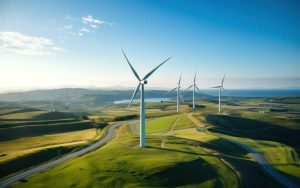 Aerial view of wind turbine generating in wind farm free photo