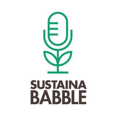 Sustainababble podcast logo, graphic featuring a microphone with two leaves growing off it, and the title of the podcast