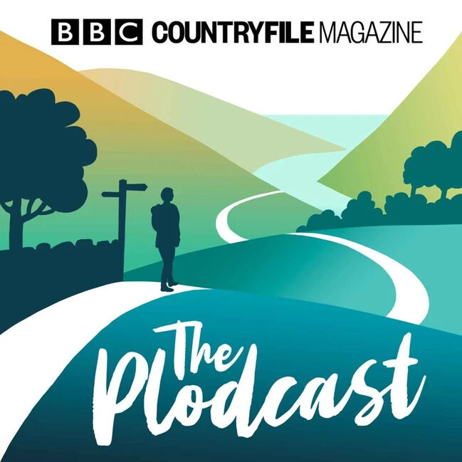 The logo of BBC Countryfile Magazine's podcast 'The Plodcast' : a graphic featuring a person walking along a path amongst some hills, including some trees and a signpost